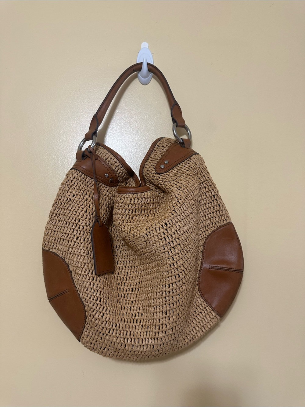 Lauren Ralph Lauren Woven Straw Hobo Bag Brown Leather Trim